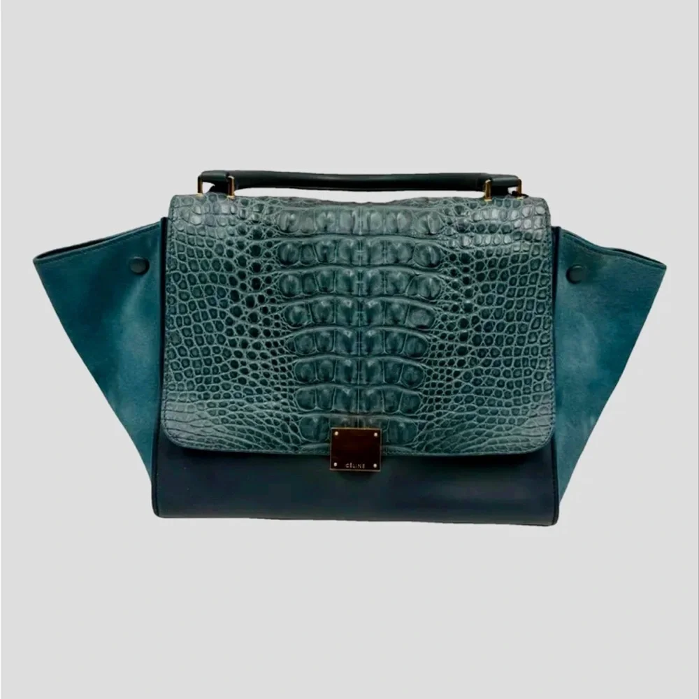 💎RARE GEM💎 Genuine CELINE Croc Embossed Trapèze Bag - RARE TEAL COLOR‼️ - Picture 2 of 15